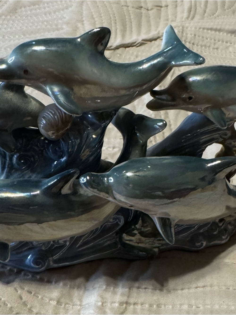 Glazed Ceramic Dolphin Sculptures in Seafoam Green & ocean blue Iridescent
